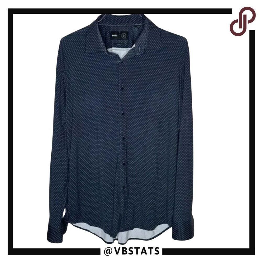 Hugo Boss Performance Navy Blue Small Print Design LS Luxury Shirt Size XL